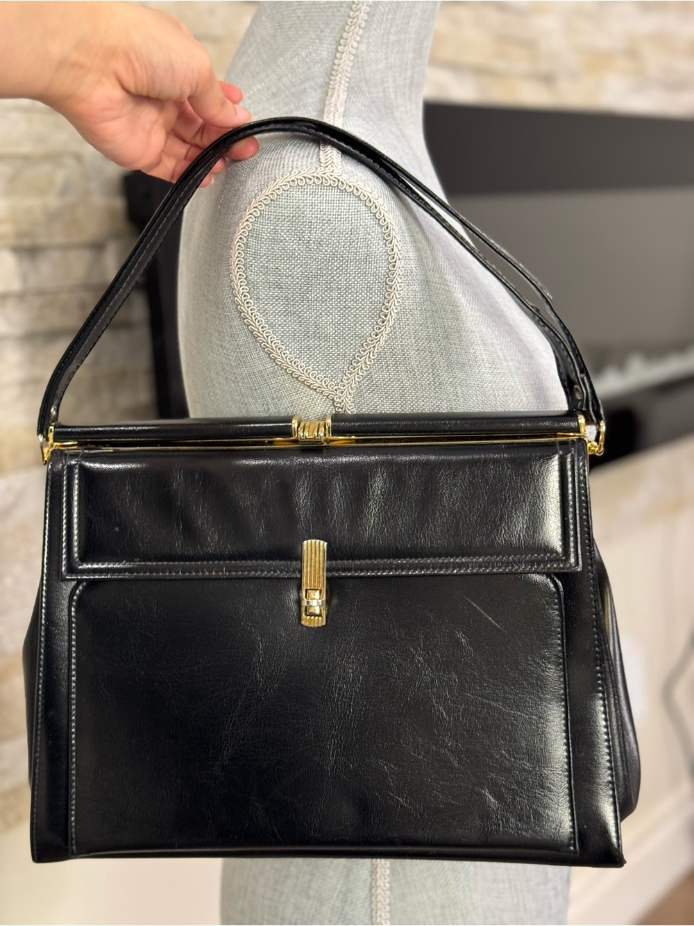 Vintage 1995 Black Shoulder Bag with Gold Hardware